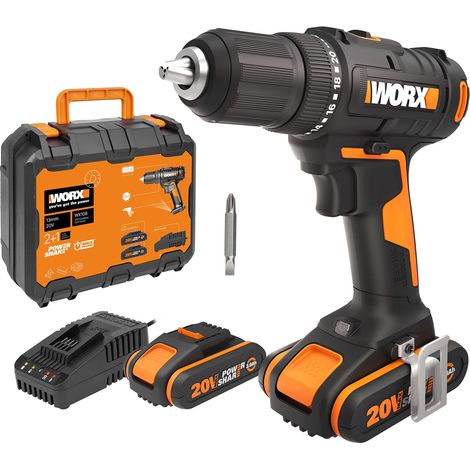 WORX WX108 - Trapano avvitatore a batteria da 20 V, avvitatore multiuso per forare e avvitare, gamma di velocità a due stadi e regolazione della coppia 20 + 1 fino a 45 Nm, con batterie da 2 Ah e (1/5)