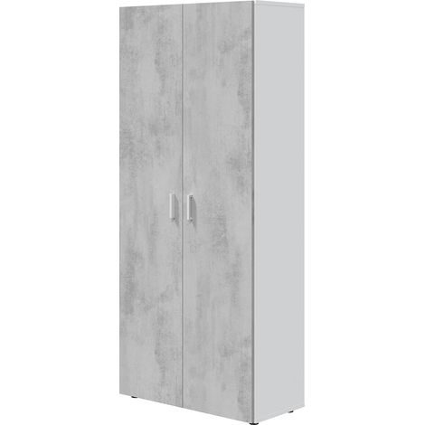 Pegane – Armoire penderie en panneau de particules mélaminé blanc mat et gris ciment – Dimensions 182x80x37 cm – 2 portes et 3 étagères réglables (1/5)
