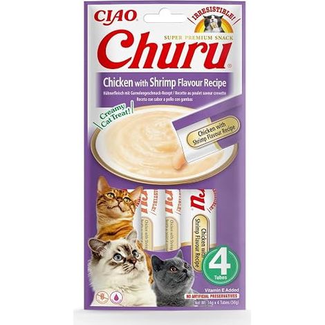 Inaba - churu - Friandise crémeuse pour chat - Poulet Crevettes - 4x14g (56g)