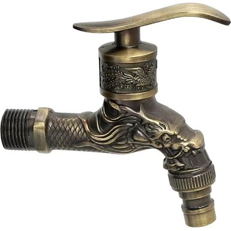 Robinet en laiton antique, orné d'un dragon sculpté, avec bobine en céramique, robinet vintage 1/2" pour cuisine, salle de bain et jardin. (1/3)