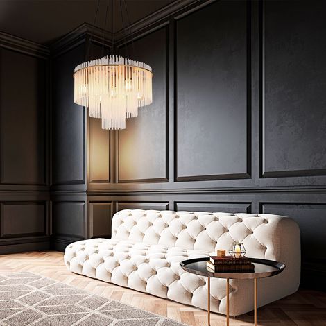 Lampadario a 5 fiamme a sospensione aste in vetro dorato opalino lampada da soggiorno lampada da tavolo, metallo, 5x E27, DxH 50 x 120 cm (1/5)