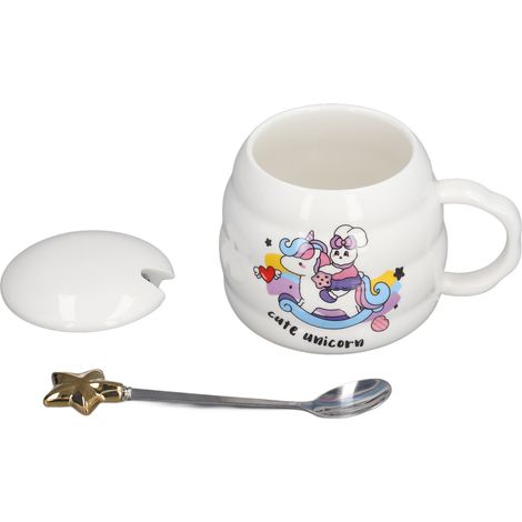 Keramik-Kaffeebecher, hübscher Bürobecher mit Deckel und Holzlöffel, elegantes Geschenk (1/5)