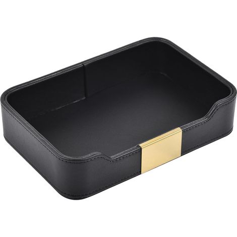 Vassoio portaoggetti da scrivania in pelle, scatola da comodino per cosmetici, gioielli, orologi, chiavi, telefoni, portafogli, telecomandi e penne, colore nero. (1/3)