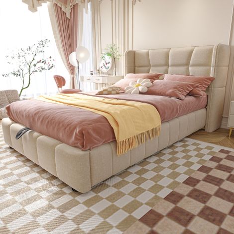 Lit convertible 90 x 200 cm, lit d'enfant avec grille de sommier, tête de lit et système de rangement pneumatique, cadre en lin, adapté aux enfants et adolescents (1/5)