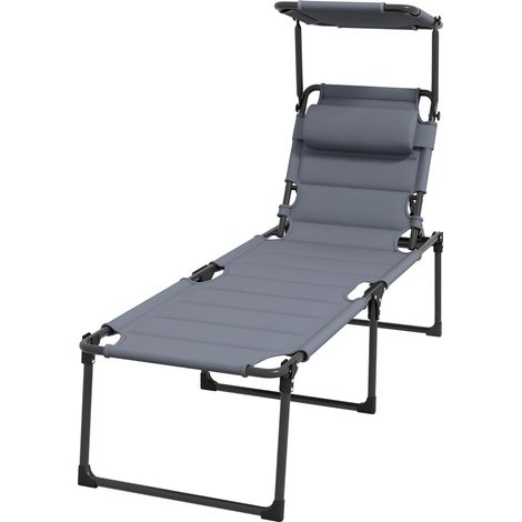 Bain de soleil chaise longue pliante avec pare-soleil, appuie-tête inclinable en tissu Oxford 70 x 200 x 45 cm gris