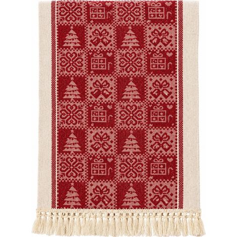 Chemin de table rouge de Noël, en lin et coton imperméable, housse longue pour meuble TV ou table basse 35 x 300 cm - Coffret cadeau rouge (1/5)