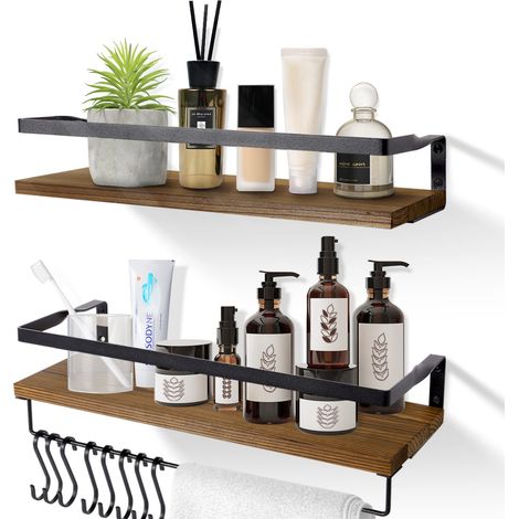 Etagere Murale Lot de 2, Etagères Murales Flottantes en Bois, Porte-Serviettes et Crochets Amovible, Charge Maximale 15kg pour Salon, Chambre, Bureau, Salle de Bain, Cuisine (Marron Foncé) (1/5)