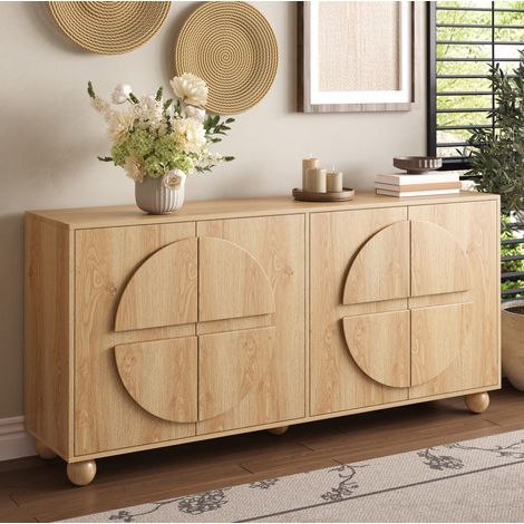 Sideboard mit 4 Türen und Kreisrelief, Schrank mit verstellbaren Einlegeböden, Natur (1/5)