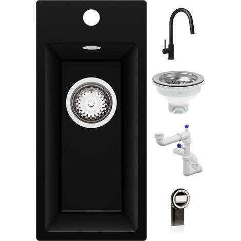 PRIMAGRAN Evier Cuisine en Granit 23x50cm,Lavabo 1 Bac + Robinet 40x20cm + Kit de Vidage, Évier à Encastrer au Meuble 25cm - Riga, Noir (1/5)