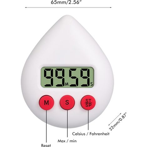 Minuteur de salle de bain portable en forme de goutte d'eau blanche, minuteur de cuisine numérique simple d'utilisation pour douche et cuisine. (1/5)