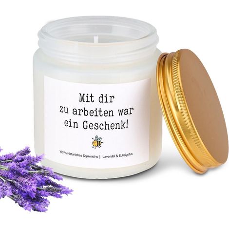 Duftkerze Lavendel mit Spruch "Mit dir zu arbeiten war ein Geschenk" - Sojawachs, 50h Brenndauer