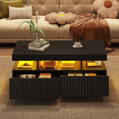 Couchtisch LED 100x50x45 cm - 2 Schubladen - Vakuumgeformte Struktur - Schwarz (1/5)