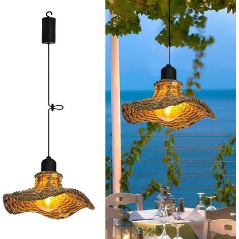 Lustre d'extérieur bohème en rotin, adapté aux jardins et aux belvédères, alimenté par batterie/sans télécommande, 18,58 cm, lumière chaude (1/5)