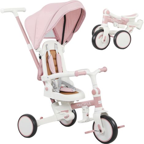 Tricycle 5 en 1 pour enfants avec dossier réglable, rose, tricycle pour tout-petits avec guidon poussoir, dossier réglable