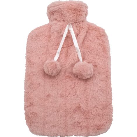 Grande bouillotte moelleuse - cadeau pour hommes, femmes et enfants - bouteille de 2 litres avec housse en fourrure et pompons (1/5)