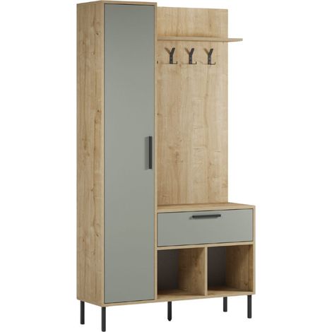 Vestiaire d'entrée avec rangements en mélaminé imitation bois et vert sauge piètement et patère en métal - HILDIA (1/5)