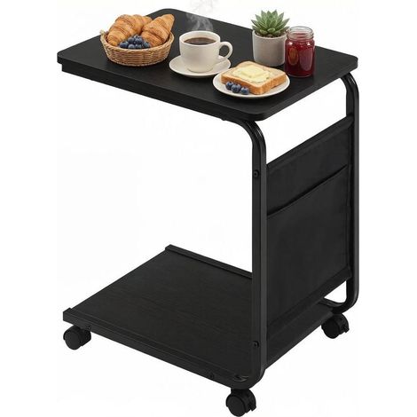 Mesa auxiliar con ruedas 50 x 35 x 62 cm negra con 2 estantes y bolsillo lateral de lona (1/5)