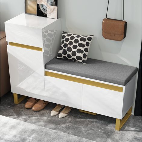 Meuble à chaussures 120x35x85 cm avec banc, tiroir et portes, blanc, pour salon et entrée (1/5)