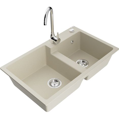 Mexen Tomas lavello in granito a 2 vasche con miscelatore da cucina Telma, beige - 6516-69-670200-00 (1/5)
