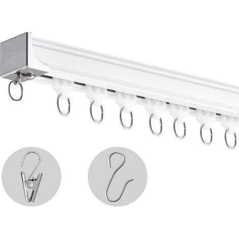 Set de rail de rideau plafond 5,9 FT/1,8 m, système coulissant pour rideaux, fixation plafond/mur, avec crochets et visserie, blanc. (1/5)