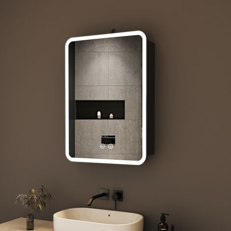 Spiegelschrank mit Beleuchtung 50 x 70 cm, Bad-Hängeschränke Spiegelschrank Bad mit Beleuchtung, Touch-Schalter, 3 Einstellbare Lichtfarben, Beschlagfrei, Schwarz