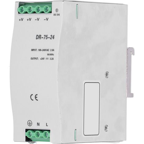 Alimentation à découpage BERM, transformateur sur rail DIN, modèle DR7524, tension 100-240V AC, interrupteur de puissance.