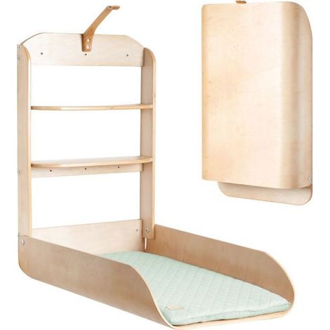 Mesa cambiador de pared plegable – Madera natural – Estantes integrados – Colchón sin ftalatos fácil de limpiar – Diseño minimalista – Roba (1/5)