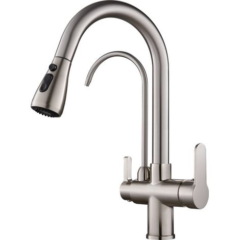 Robinet de cuisine 3 en 1 à douchette extractible, double poignée et trois jets avec fonction de filtration d'eau, finition nickel brossé, argent (1/5)