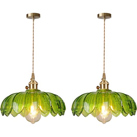 2PCS Plafonnier D'Intérieur Vintage Suspension Luminaire En Verre Lustre Rétro Moderne Vert