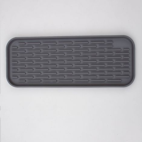 Plateau égouttoir rectangulaire en silicone alimentaire, structure rainurée drainante, bac de rangement pour bouteilles, éponges et ustensiles au niveau de l’évier