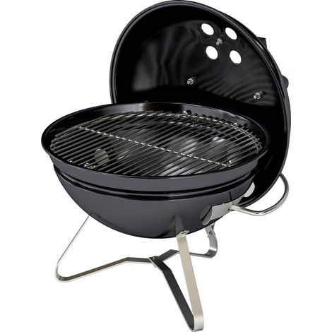 Tragbarer Holzkohlegrill, 41 x 41 x 44 cm, schwarz, runder Grillrost mit Deckel, Griff und verstellbaren Lüftungsschlitzen für das Grillen im Freien
