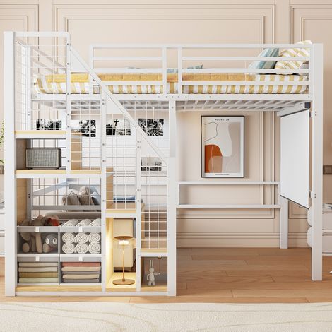 DESVIAE Lit mezzanine 140 x 200 avec escalier sécurisé rangement intégré tringle de suspension espace sous lit métal blanc (1/5)