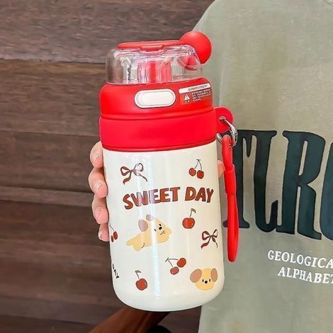 Thermobecher aus Edelstahl 316 und kreative rote Trinkflasche mit Cartoon-Motiv für Schüler (480 ml) (1/4)