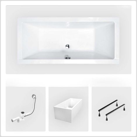 Rechteckige Badewanne - 180 x 80 cm - mit Polystyrol-Verkleidung - Füße - Chromablauf - QUADRO SLIM