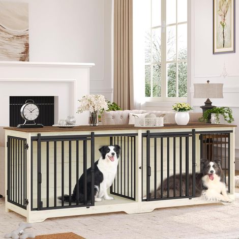 Meuble pour Cage de 2 Chiens, Cage Double avec Séparateur, Niche en Bois, Cages avec Porte Coulissante, Design Meuble TV pour Chiens de Moyens et Grands Taille, Blanc et Marron (1/5)