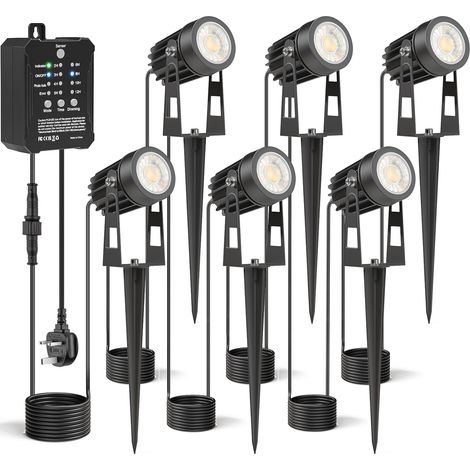 Ensemble de 6 projecteurs extérieurs avec transformateur, capteur photo dimmable, projecteur de jardin LED extérieur, étanche 2700K, éclairage électrique pour jardin, arbre, pelouse, plantes [classe é