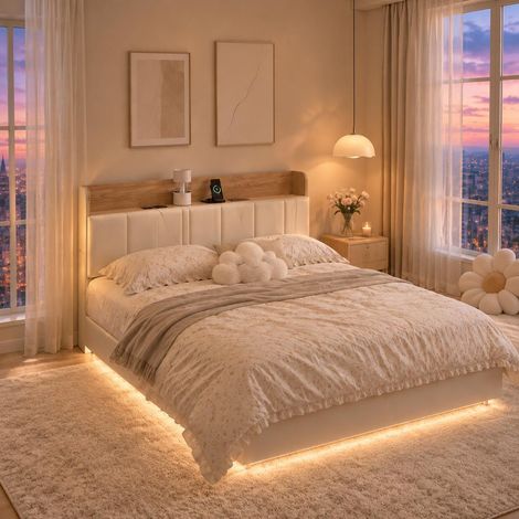 Lit flottant 160x200 cm – en similicuir blanc – LED réglable – ports USB – grand rangement (1/5)