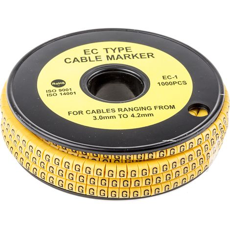 Repère câble , Ø câble 3  4.2mm, texte : G, Noir sur Jaune ( Prix pour Bobine de 1000 )