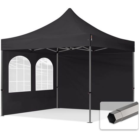 3x3 m Faltpavillon, PREMIUM Stahl 40mm, Seitenteile mit Sprossenfenstern, schwarz