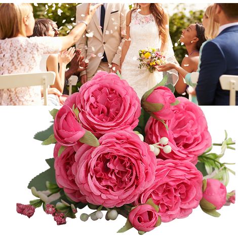 3 bouquets de 5 roses persanes artificielles, bouquet de roses rouges, noué à la main, pour mariage, salon ou décoration intérieure. (1/5)