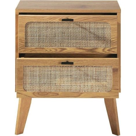 Comodino a 2 cassetti con frontali in rattan e gambe in legno decorativo L45 cm - ALIA