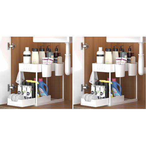 (Lot de 2) Blanc Rangement sous Evier 2 Niveaux, Coulissant Organiseur sous Évier Etagere Tiroir,Panier de rangement multifonction pour salle de bain, étagère sous placard, étagère de lavevaisselle