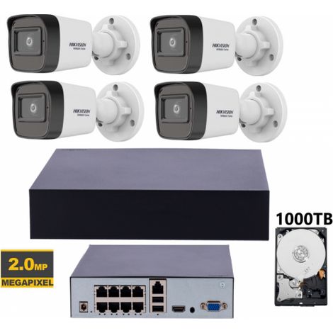 Kit Videosorveglianza Hikvision IP PoE NVR 8 Canali 4 Telecamere Bullet 2MP Full HD HDD 1TB