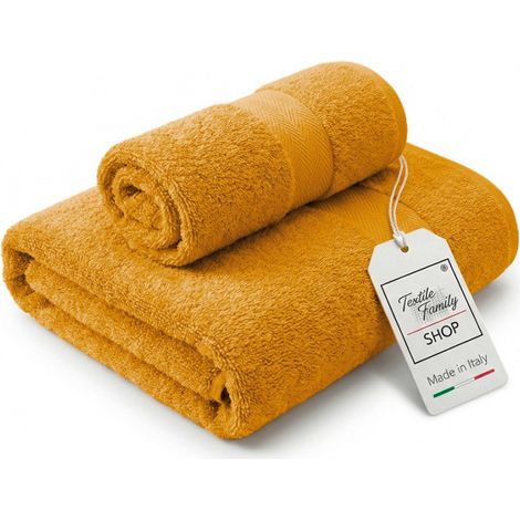 Paire de serviettes ocre pour le visage et les invités - 100 % coton éponge 450 g/m² fabriquées en Italie