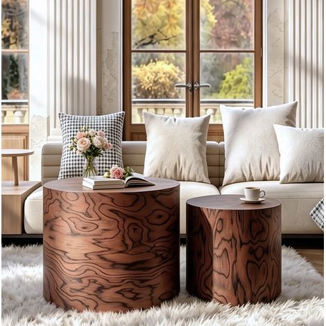Mesa de centro nido redonda, 2 piezas, 48 cm, MDF marrón oscuro efecto madera - CHICFURN (1/5)
