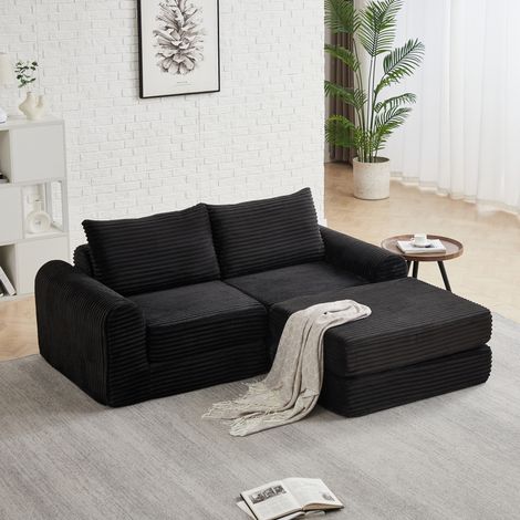 Sofá cama modular, convertible en cama, con reposapiés móvil, tapizado en corduroy negro (1/5)