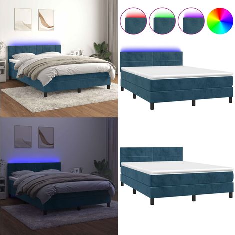 Sommier à lattes de lit avec matelas LED Bleu foncé 140x190 cm - Lit Plateforme - Lit Capitonné - Lit Design - Lit Velours - Lit Avec Éclairage Led - Home & Living (1/5)