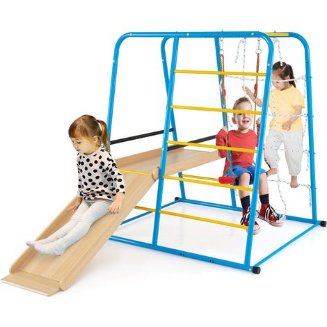 Aire de jeux bleue 6-en-1 en métal avec toboggan et balançoire réglable, pieds antidérapants pour maison et salle de jeux (1/5)