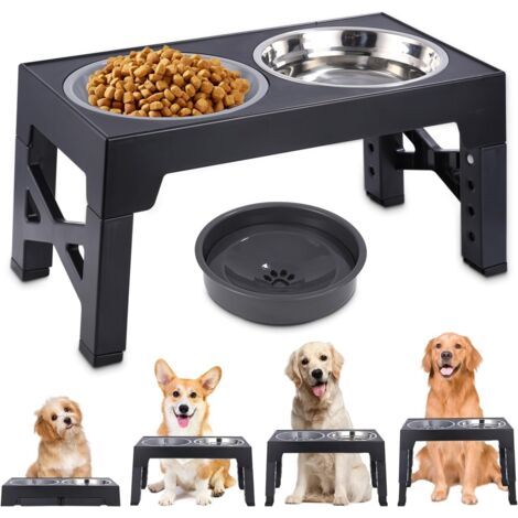 QORVA-Gamelles surélevées pliables pour chien avec bol anti-salissures et bol anti-éclaboussures en acier inoxydable, 4 hauteurs réglables, noir