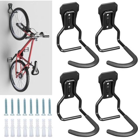 Set of 4 Bicycle Hooks, Black Wall-Mounted Garage Hooks, Sturdy L-Shaped Wall-Mounted Storage Rack, Practical Vertical Bicycle Rack for Home and Garage (1/4)